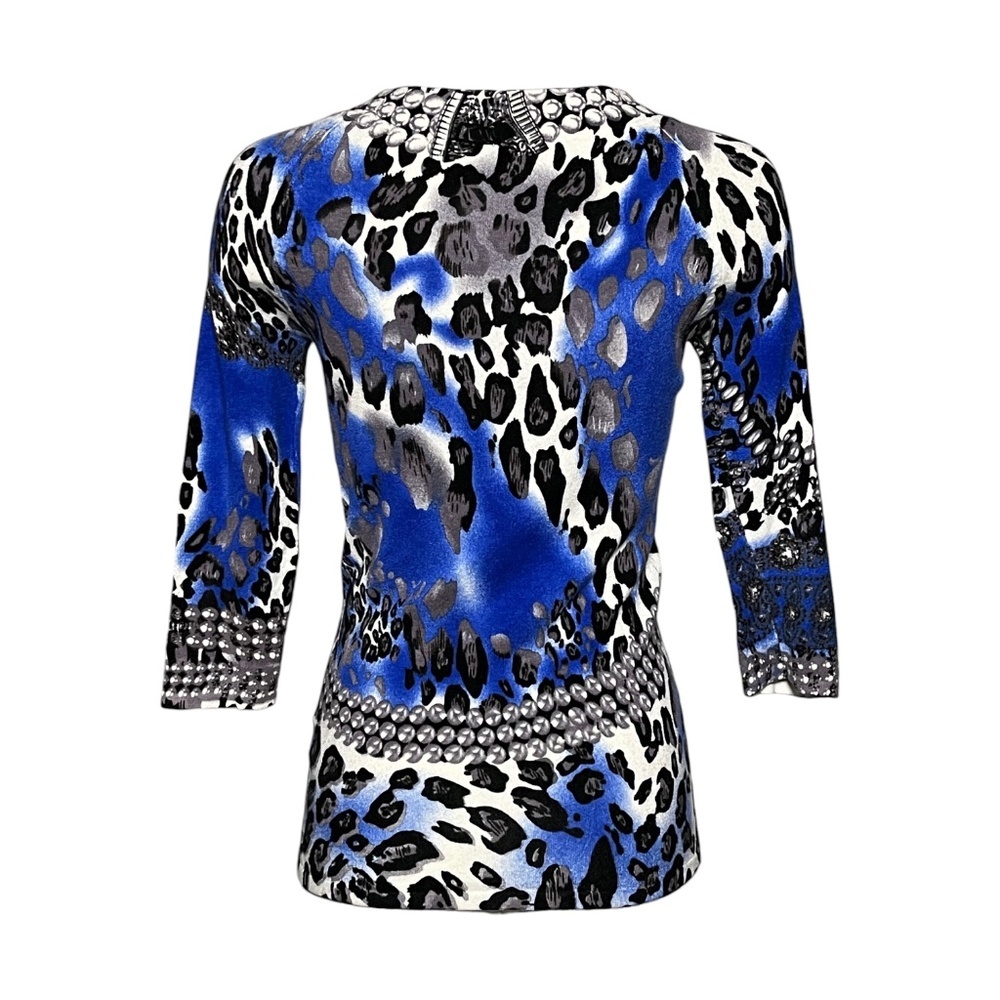 Cache Leopard Print Rhinestone Embellished Knit Cardigan Sweater Blue Size Small - Picture 4 of 9